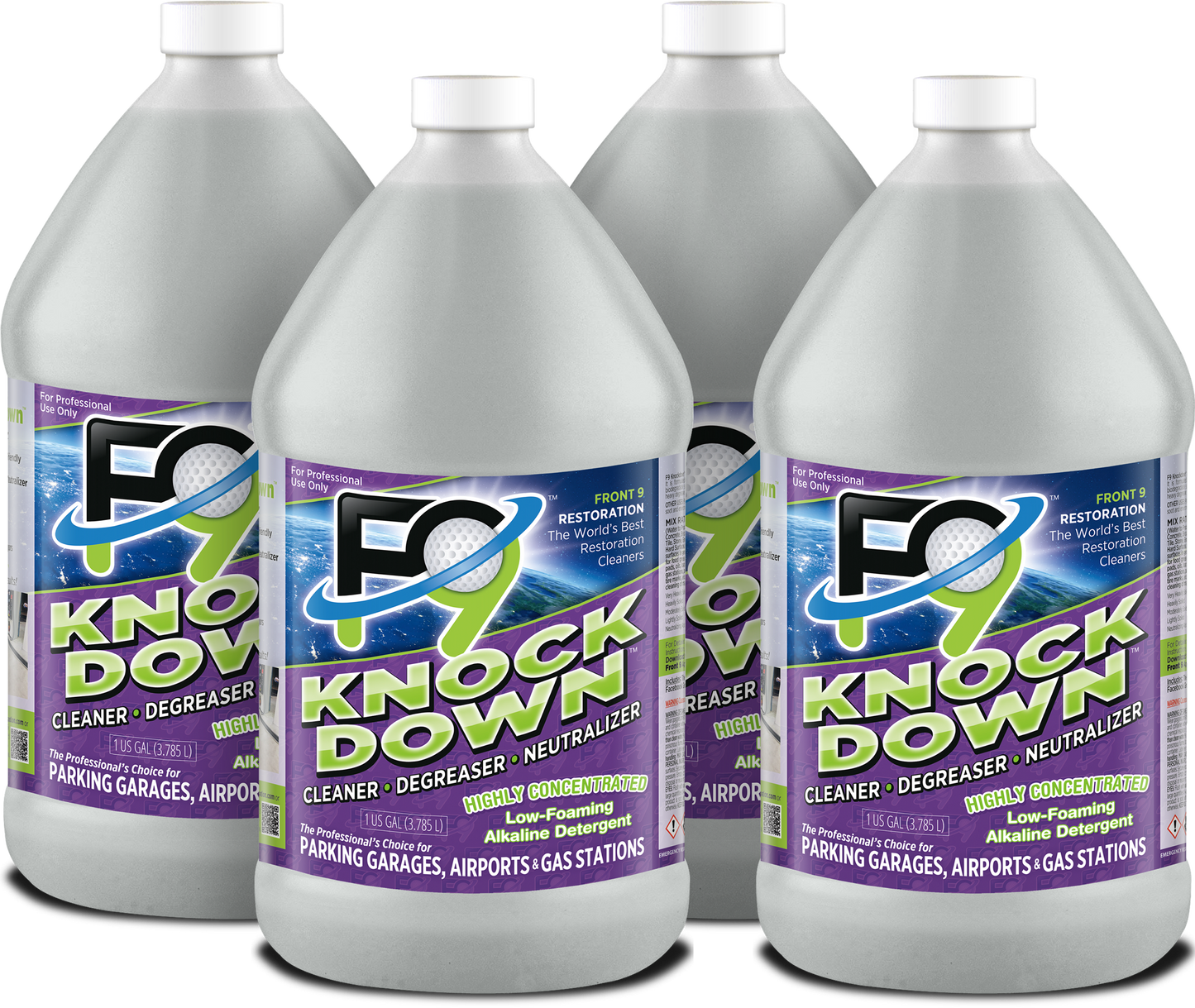 F9 Knockdown, Low-Foam Cleaner, Degreaser, Neutralizer - Case of 4 Gallons